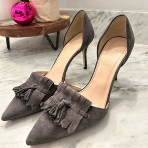 J. CREW Suede D'Orsay Pointed Toe Pumps in Grey With Tassels